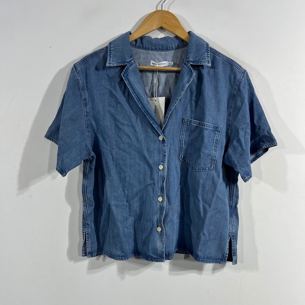 Good American Boho Cottagecore Retro Denim Short Sleeve Button Down Shirt 90s